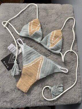 NWT Rove Swim Crochet Bikini Set Size Small Seafoam Beige - Boho Mermaid